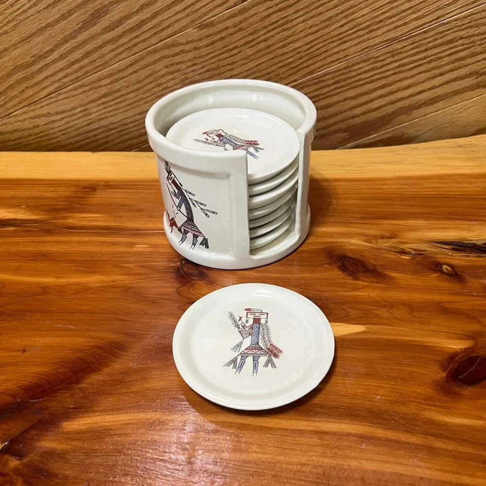 Vtg‎ Signed Handcrafted Southwestern Pottery Coaster Set 8 Pieces Matching Crock